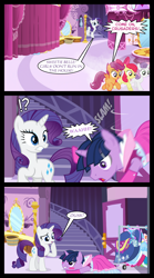 Size: 1280x2300 | Tagged: safe, artist:bigsnusnu, apple bloom, applejack, fluttershy, rainbow dash, rarity, scootaloo, sweetie belle, twilight sparkle, earth pony, pegasus, pony, unicorn, comic:dusk shine in pursuit of happiness, g4, bucket, clothes, comic, crossdressing, cutie mark crusaders, dress, dusk shine, hiding, mirror, rule 63, stairs