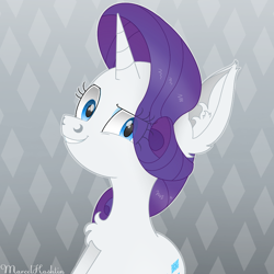 Size: 1112x1112 | Tagged: safe, artist:reziepony, rarity, pony, unicorn, g4, blue eyes, chest fluff, ear fluff, gray background, horn, looking at you, mane, purple mane, signature, simple background, smiling, smiling at you