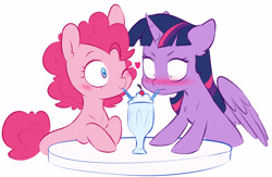 Size: 3642x2373 | Tagged: safe, artist:chub-wub, pinkie pie, twilight sparkle, alicorn, earth pony, pony, g4, blushing, cute, female, heart, high res, lesbian, milkshake, sharing a drink, ship:twinkie, shipping, simple background, straw, twilight sparkle (alicorn), white background