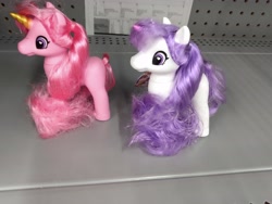 Size: 4160x3120 | Tagged: safe, pony, unicorn, bootleg, colored horn, duo, female, horn, incorrect hair placement, mare, not pinkie pie, not rarity, photo, shelf, toy, walmart, zuru sparkle girlz