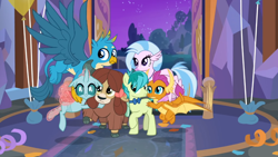 Size: 1366x768 | Tagged: safe, screencap, gallus, ocellus, sandbar, silverstream, smolder, yona, changedling, changeling, classical hippogriff, dragon, earth pony, griffon, hippogriff, pony, yak, g4, she's all yak, bow, bowtie, cloven hooves, colored hooves, cute, diaocelles, diastreamies, dragoness, female, flying, gallabetes, group hug, hair bow, hug, jewelry, male, monkey swings, necklace, raised hoof, sandabetes, smolderbetes, spread wings, student six, teenager, wings, yonadorable