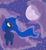 Size: 1197x1299 | Tagged: safe, artist:0nonim, artist:ononim, princess luna, alicorn, pony, g4, cloud, digital art, ethereal mane, eyelashes, eyeshadow, female, highlights, lidded eyes, makeup, mare, missing accessory, moon, night, on a cloud, painting, sky, smiling, solo, standing on a cloud, starry mane, stars