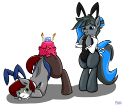 Size: 6343x5407 | Tagged: safe, artist:khaki-cap, oc, oc only, oc:blaze, oc:blaze pony, oc:khaki-cap, earth pony, pony, birthday cake, birthday gift, bunny suit, butt, cake, clothes, crossdressing, cuffs (clothes), earth pony oc, face down ass up, food, happy, happy birthday, large butt, looking back, playboy, playboy bunny, playpony, presenting, signature, simple background, suit, the ass was fat, transparent background, twitter link
