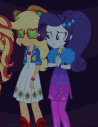 Size: 272x355 | Tagged: safe, screencap, applejack, rarity, sunset shimmer, equestria girls, equestria girls series, g4, sunset's backstage pass!, spoiler:eqg series (season 2), animated, cropped, cute, female, geode of shielding, gif, magical geodes, music festival outfit