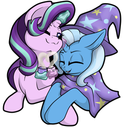 Size: 2971x2972 | Tagged: safe, artist:gleamydreams, starlight glimmer, trixie, g4, blanket, cape, clothes, female, hat, high res, i mean i see, lesbian, mare, ship:startrix, shipping, simple background, transparent background, trixie's cape, trixie's hat