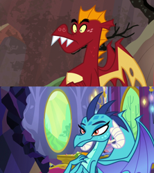 Size: 1280x1440 | Tagged: safe, edit, edited screencap, screencap, garble, princess ember, dragon, g4, season 7, season 9, sweet and smoky, triple threat, aroused, bite mark, comparison, dragoness, female, hand on chest, male, ship:emble, shipping, shipping domino, smiling, straight, surprised, teenaged dragon, twilight's castle