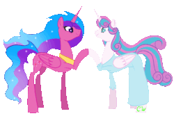 Size: 3000x2000 | Tagged: safe, artist:chelseawest, princess flurry heart, oc, oc:melody aurora, alicorn, pony, g4, adult, alicorn oc, animated, bags under eyes, bedroom eyes, clothes, cousins, dress, duo, duo female, eyes closed, female, flowing mane, flowing tail, gif, grin, happy, high res, hoofbump, horn, hyper, hyper belly, hyper pregnancy, impossibly large belly, kicking, laughing, looking at each other, mama flurry, multiple pregnancy, offspring, older, older flurry heart, parent:flash sentry, parent:twilight sparkle, parents:flashlight, peytral, post pregnancy, pregnant, progression, puffy cheeks, simple background, smiling, stretchmarks, surprised, surprised face, tired, transparent background, wings, wrinkles