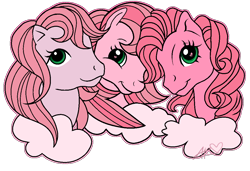 Size: 1028x702 | Tagged: safe, artist:muhammad yunus, earth pony, pony, g1, g2, g3, aelita schaeffer, cloud, code lyoko, female, head, heart, heart eyes, looking at you, mare, ponified, simple background, smiling, transparent background, trio, trio female, wingding eyes