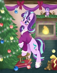 Size: 1621x2048 | Tagged: safe, artist:pineappleartz, snowfall frost, starlight glimmer, pony, unicorn, g4, christmas, christmas tree, clothes, decorating, doll, fireplace, glasses, glowing horn, hearth's warming doll, holiday, horn, present, toy, tree