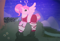 Size: 2997x2080 | Tagged: safe, artist:tanahgrogot, derpibooru exclusive, alicorn, pony, g1, aelita schaeffer, base used, clothes, code lyoko, cute, female, flower, heart eyes, heart lights, light, mare, moon, mountain, night, ponified, smiling, solo, tree, wingding eyes