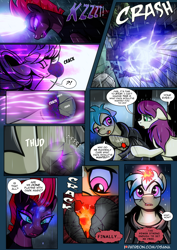 Size: 2480x3508 | Tagged: safe, artist:dsana, fizzlepop berrytwist, tempest shadow, oc, oc:fireweed, oc:thistledown, earth pony, pony, unicorn, comic:a storm's lullaby, g4, broken horn, brother and sister, cloak, clothes, comic, dark magic, explosion, female, glowing eyes, high res, hitting, horn, magic, male, out of nowhere, scar, siblings