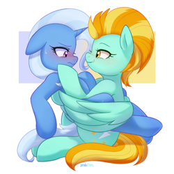 Size: 4113x4115 | Tagged: safe, artist:maren, lightning dust, trixie, pegasus, pony, unicorn, abstract background, blushing, commission, crack shipping, cute, duo, duo female, eyelashes, female, horn, hug, lesbian, looking at each other, mare, shipping, smiling, tail, trixiedust, winghug, wings