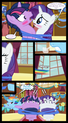 Size: 1280x2300 | Tagged: safe, artist:bigsnusnu, rainbow dash, rarity, twilight sparkle, comic:dusk shine in pursuit of happiness, g4, angry, blushing, comic, decoration, dusk shine, ribbon, rule 63, snorting, spinning, tied up, watching, window