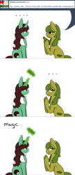 Size: 1280x2960 | Tagged: safe, artist:kaggy009, oc, oc only, oc:peppermint pattie (unicorn), pony, ask peppermint pattie, female, food, magic, mare, pickle