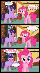 Size: 1280x2300 | Tagged: safe, artist:bigsnusnu, pinkie pie, twilight sparkle, earth pony, pony, unicorn, comic:dusk shine in pursuit of happiness, g4, 4th wall break, breaking the fourth wall, cupcake, dusk shine, food, fourth wall, half r63 shipping, implied harem, rule 63, shipping