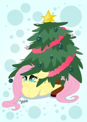 Size: 1920x2716 | Tagged: safe, artist:julunis14, part of a set, fluttershy, butterfly, pegasus, pony, g4, christmas, christmas tree, cute, digital, hiding, holiday, shyabetes, signature, simple background, tree