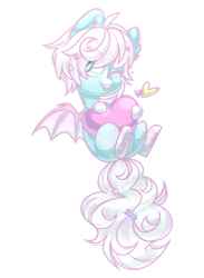 Size: 1280x1744 | Tagged: safe, artist:cloud-fly, artist:system-destroyer, artist:technodjent, oc, oc only, bat pony, pony, chibi, collaboration, commission, eye clipping through hair, heart, looking at you, one eye closed, simple background, smiling, solo, spread wings, tongue out, transparent background, wings, wink, ych result