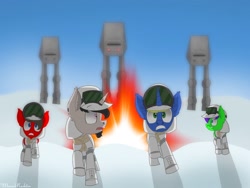 Size: 1024x768 | Tagged: safe, artist:reziepony, oc, oc:jaredcheeks, oc:raulix evergreen, oc:reziepony, oc:talzotl, pony, at-at, atat, galactic empire, hoth, rebel alliance, running, running away, scared, star wars