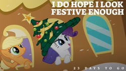 Size: 1920x1080 | Tagged: safe, edit, edited screencap, editor:quoterific, screencap, applejack, rarity, g4, hearth's warming eve (episode), christmas, christmas tree, hat, holiday, snow, snowfall, train, tree