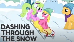 Size: 1920x1080 | Tagged: safe, edit, edited screencap, editor:quoterific, screencap, caramel, cherry berry, daisy, flower wishes, g4, my little pony: friendship is magic, tanks for the memories, clothes, earmuffs, scarf, sled, snow