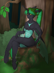 Size: 2000x2700 | Tagged: safe, artist:lionbun, oc, oc only, oc:alenathys, changeling, changeling queen, anthro, changeling oc, commission, female, forest, high res, solo, tree stump