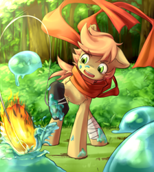 Size: 3406x3800 | Tagged: safe, artist:aquoquoo, oc, oc:himmel, pony, bandage, clothes, colt, fight, fire, forest, gloves, high res, male, open mouth, scarf, slime, yo-yo