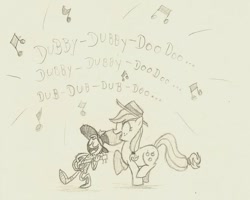 Size: 800x641 | Tagged: safe, artist:grivous, applejack, g4, banjo, crossover, friendshipping, music notes, musical instrument, singing, traditional art, wander (wander over yonder), wander over yonder