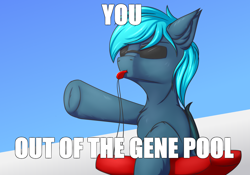 Size: 2000x1400 | Tagged: safe, artist:snowstormbat, oc, oc only, oc:guttatus, bat pony, pony, caption, dank memes, image macro, lifeguard, male, meme, ponified meme, solo, sunglasses, text, whistle