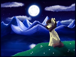 Size: 1600x1210 | Tagged: safe, artist:whitehershey, oc, oc only, oc:white hershey, pegasus, pony, female, moon, mountain, night, night sky, scenery, sky, solo