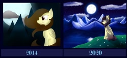 Size: 1600x728 | Tagged: safe, artist:whitehershey, oc, oc only, oc:white hershey, pegasus, pony, female, moon, mountain, night, night sky, redraw, scenery, sky, solo