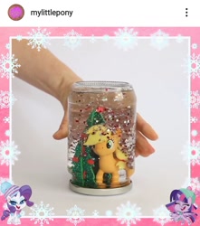 Size: 1080x1219 | Tagged: safe, applejack, rarity, twilight sparkle, alicorn, earth pony, pony, unicorn, g4.5, my little pony: pony life, official, christmas, christmas tree, clothes, frame, holiday, jar, pony in a bottle, snow, snowflake, this will end in tears, tree, twilight sparkle (alicorn), winter outfit