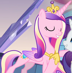 Size: 1192x1207 | Tagged: safe, screencap, princess cadance, rarity, alicorn, pony, g4, games ponies play, concave belly, cropped, crown, crystal, eyes closed, female, folded wings, hug, jewelry, mare, regalia, slender, solo focus, thin, wings