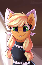 Size: 800x1250 | Tagged: safe, artist:shadowreindeer, applejack, android, pony, robot, robot pony, g4, alternate hairstyle, applebot, bow, clothes, cute, detroit: become human, female, freckles, hair bow, jackabetes, looking at you, maid, mare, pigtails, smiling, solo