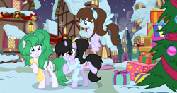 Size: 2844x1500 | Tagged: safe, artist:stellamoonshineyt, oc, oc:cotton star, oc:diana paintbrush, pegasus, pony, unicorn, christmas, christmas tree, clothes, female, holiday, mare, scarf, snow, tree