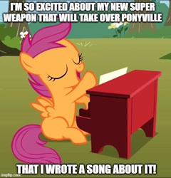 Size: 500x520 | Tagged: safe, edit, edited screencap, editor:icicle-niceicle-1517, screencap, scootaloo, pegasus, pony, g4, the show stoppers, boom beach, caption, cropped, dr t, eyes closed, female, filly, image macro, imgflip, meme, musical instrument, open mouth, piano, playing, solo, text
