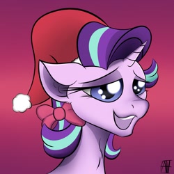 Size: 1951x1951 | Tagged: safe, artist:naen, starlight glimmer, pony, unicorn, g4, bow, bust, christmas, female, hat, holiday, mare, open mouth, portrait, santa hat, solo