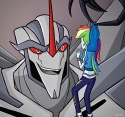 Size: 1255x1174 | Tagged: safe, artist:elioo, rainbow dash, cybertronian, robot, equestria girls, g4, butt, clash of hasbro's titans, claws, crossover, death battle, decepticon, evil grin, grin, rainbutt dash, raised eyebrow, reference, simple background, smiling, starscream, starscream vs rainbow dash, transformers, transformers prime