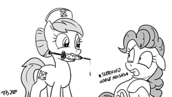 Size: 1200x675 | Tagged: safe, artist:pony-berserker, nurse redheart, pinkie pie, earth pony, pony, pony-berserker's twitter sketches, g4, descriptive noise, glass syringe, grayscale, horse noises, looking at each other, monochrome, mouth hold, simple background, syringe, trypanophobia, vaccination, white background