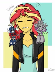 Size: 1280x1680 | Tagged: dead source, safe, artist:elioo, sunset shimmer, cybertronian, human, robot, equestria girls, g4, angelic wings, autobot, clothes, crossover, decepticon, demon wings, devil horns, devil tail, eyebrows, eyes closed, halo, horns, jacket, megatron, multicolored hair, optimus prime, shoulder angel, shoulder devil, sweat, tail, text, transformers, transformers prime, wings