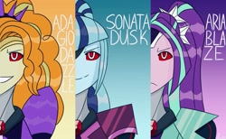 Size: 1653x1018 | Tagged: safe, artist:elioo, adagio dazzle, aria blaze, sonata dusk, cybertronian, robot, equestria girls, g4, antagonist, clash of hasbro's titans, decepticon, equestria bots, evil smile, frown, gem, grin, looking at you, smiling, species swap, the dazzlings, transformerfied, transformers