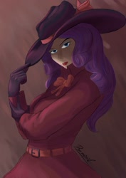 Size: 1240x1754 | Tagged: safe, artist:reminic, rarity, human, g4, alternate hairstyle, belt, blue eyeshadow, bowtie, clothes, coat, detective rarity, eyeshadow, fedora, female, gloves, hat, humanized, lipstick, makeup, red lipstick, solo