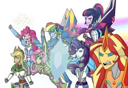 Size: 1118x767 | Tagged: safe, artist:elioo, applejack, fluttershy, pinkie pie, rainbow dash, rarity, sci-twi, sunset shimmer, twilight sparkle, cybertronian, equestria girls, g4, autobot, clash of hasbro's titans, confetti, crossover, determined, equestria bots, flying, humane five, humane seven, humane six, magic, open mouth, shield, simple background, smiling, species swap, speed trail, transformerfied, transformers, white background