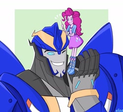 Size: 1991x1817 | Tagged: safe, artist:elioo, pinkie pie, cybertronian, equestria girls, g4, autobot, crossover, drumsticks, one eye closed, smiling, smokescreen, transformers, transformers prime