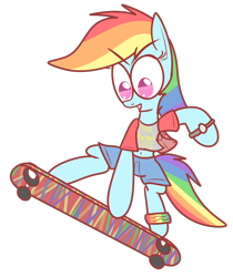 Size: 1167x1391 | Tagged: safe, artist:mr-degration, rainbow dash, pegasus, pony, g4, bipedal, clothes, female, palindrome get, shorts, simple background, skateboard, solo, tomboy, transparent background