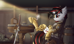 Size: 5450x3250 | Tagged: safe, artist:singovih, oc, oc only, oc:blackjack, cyborg, pony, unicorn, fallout equestria, fallout equestria: project horizons, alcohol, amputee, apocalypse, augmented, barrel, chair, clothes, cyber eyes, cyber legs, ear fluff, fanfic, fanfic art, female, glasses, glowing horn, goggles, gun, high res, hooves, horn, katana, levitation, magic, mare, prosthesis, prosthetic leg, prosthetic limb, prosthetics, radio, room, shotgun, small horn, solo, steampunk, sword, table, telekinesis, weapon, whiskey