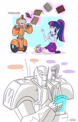 Size: 1333x2100 | Tagged: safe, artist:elioo, sci-twi, spike, twilight sparkle, cybertronian, dog, equestria girls, g4, autobot, book, crossover, datapad, doodle, female, fixit, geode of telekinesis, glasses, kneeling, levitation, magic, magical geodes, male, ratchet, speech bubble, telekinesis, transformers, transformers prime, transformers robots in disguise (2015)
