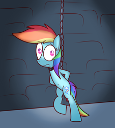 Size: 1280x1413 | Tagged: safe, artist:mr-degration, rainbow dash, pegasus, pony, g4, arm behind back, bipedal, bondage, chains, collar, female, rope, solo, tied up