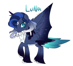 Size: 3112x2824 | Tagged: safe, artist:articfoxdraws, princess luna, alicorn, bat pony, bat pony alicorn, pony, g4, alternate hairstyle, bat ponified, bat wings, chest fluff, ethereal mane, female, freckles, high res, horn, hybrid wings, lunabat, mare, markings, race swap, raised hoof, redesign, simple background, solo, starry mane, transparent background, unshorn fetlocks, wings