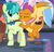 Size: 391x372 | Tagged: safe, screencap, sandbar, silverstream, smolder, yona, dragon, earth pony, hippogriff, pony, yak, g4, my little pony: friendship is magic, she's all yak, bowtie, butt grab, butt touch, cropped, duo focus, eyes closed, female, grope, male, midair, offscreen character, raised hoof