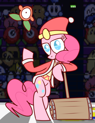 Size: 1216x1582 | Tagged: safe, artist:mr-degration, pinkie pie, earth pony, pony, waddle doo, g4, audience, bipedal, clothes, costume, crossover, crowd, female, hammer, hat, king dedede, kirby (series), kirby super star, mare, solo
